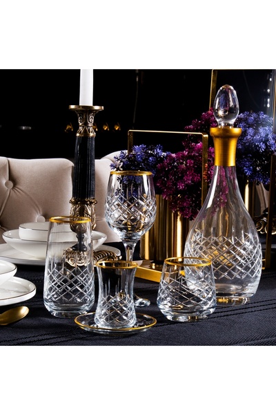 sudeka 31 Parça 6 Kişilik Kareçubuk Gold El Dekor Parlatma Kesme Cam Su Takımı