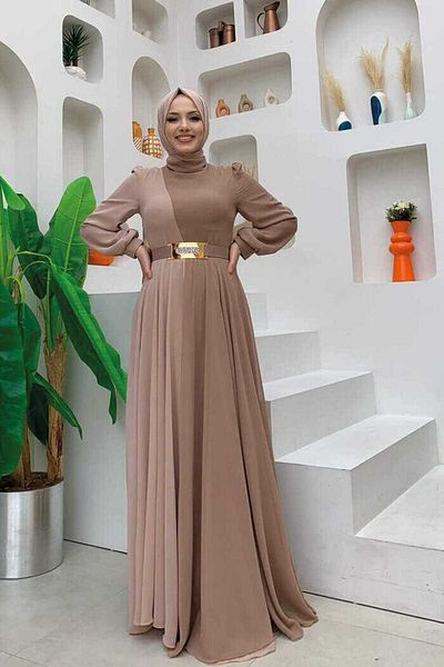 Bym Fashion Βραδινό φόρεμα αξεσουάρ ζώνης σιφόν δίχρωμης μέσης 3806 Mink