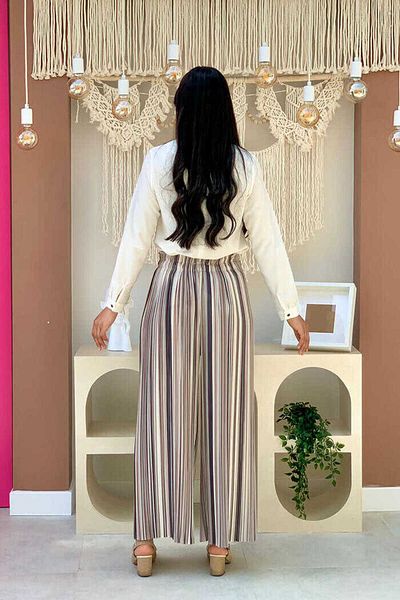 Bym Fashion Colorful Line Patterned Trousers with Elastic Waist 0204 Stone