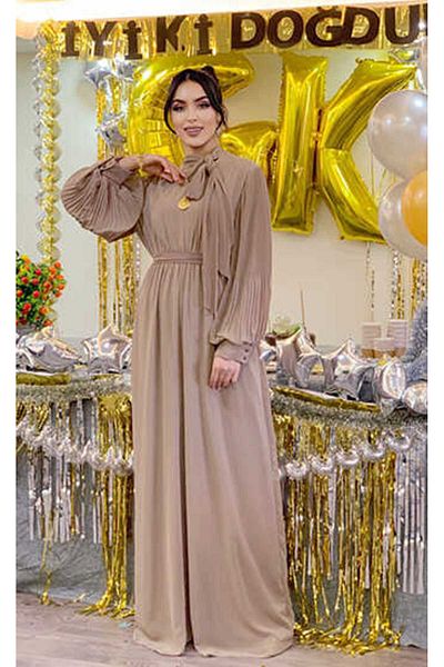 Bym Fashion Ολόσωμη φόρμα σιφόν 3507 βιζόν με πλισέ με μανίκια και γιακά
