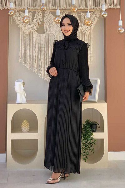 Bym Fashion Φόρεμα με πλισέ ώμο Δαντελένιο γιακά με λεπτομέρεια 3726 Μαύρο