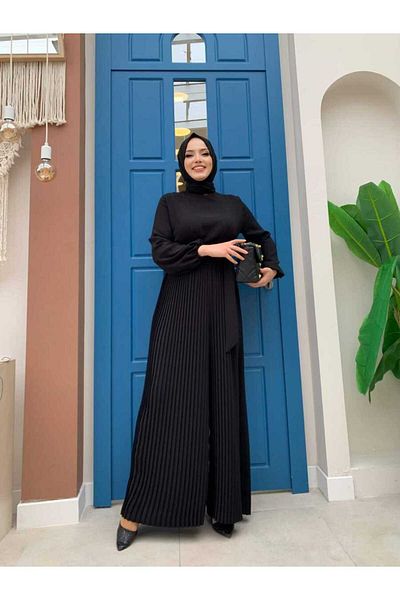 Bym Fashion تنورة مطوية مفصلة الخصر مربوطة الأكمام بذلة مطاطية 3704 أسود
