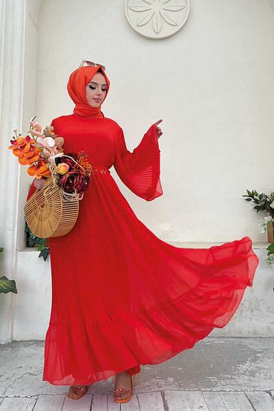 Bym Fashion Pleated Ruffle Look Lined Chiffon Dress 3404 Orange