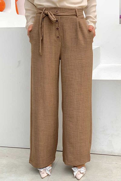 Bym Fashion Button Detailed Waist Tied Pocket Loose Trousers 0275 Brown