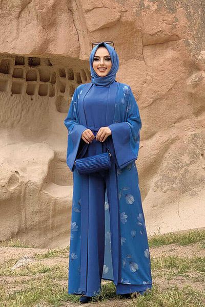 Bym Fashion Σετ ολόσωμη φόρμα με μοτίβο Abaya μονόχρωμη τσέπη με ζώνη μηδενικό μανίκι 8312 Indigo