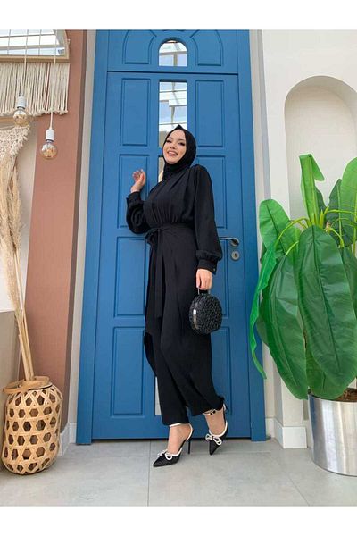 Bym Fashion Stück Detaillierte Schultern Falten Detail Taille Gürtel Overall 3742 Schwarz
