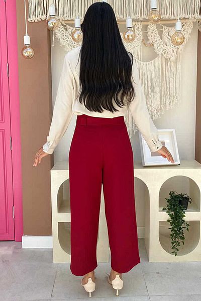 Bym Fashion Zippered Waist Lace-up Trousers 0174 Claret Red