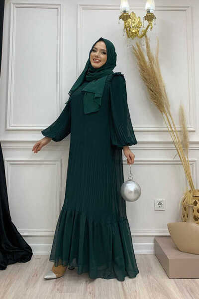 Bym Fashion Φόρεμα σιφόν με πλισέ λουκ 3628 σμαραγδί