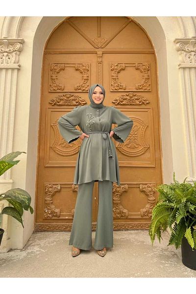 Bym Fashion Stone Embroidery Detailed Belted Tunic and Trousers Suit 8432 Mint