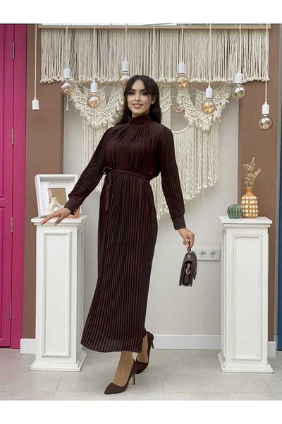 Bym Fashion Λεπτομερές φόρεμα με πλισέ μέση 3403 καφέ