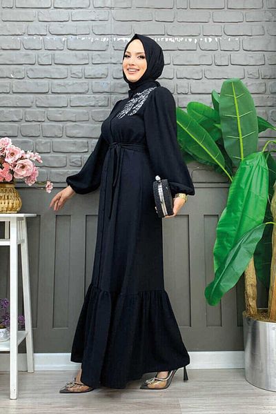 Bym Fashion Φόρεμα με κουμπιά με κουμπιά ώμου με λεπτομέρεια κεντήματος Ferace 3840 Μαύρο
