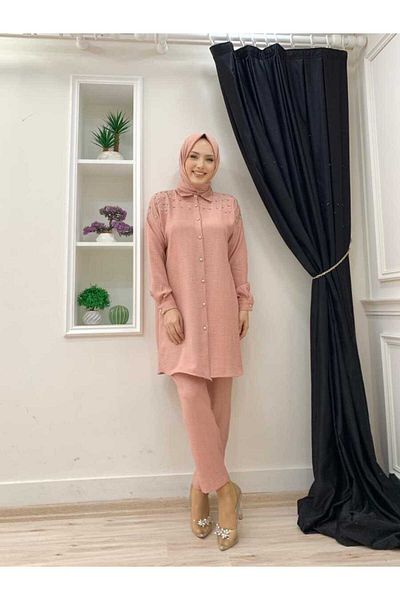 Bym Fashion Shoulder Stone Embroidered Buttoned Tunic and Trousers Set 8430 Powder
