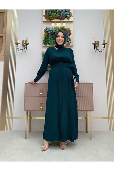 Bym Fashion Φόρεμα Ζώνης με Κοσμήματα Πλισέ Μονό Πλευρικό Ζώνη 3825 Emerald