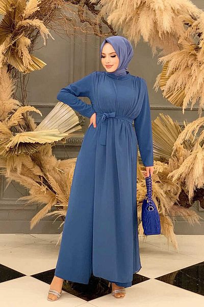 Bym Fashion Chiffon Cloak Detail Waist Belted Jumpsuit 3330 Indigo