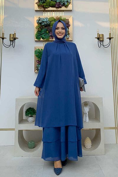 Bym Fashion Layered Look Μανίκια Φόρεμα σιφόν ελαστικό 3060 Indigo
