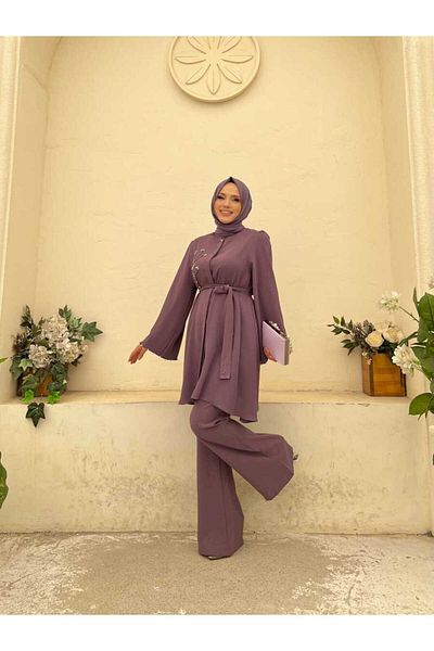 Bym Fashion Stone Embroidery Detailed Belted Tunic and Trousers Suit 8432 Lilac
