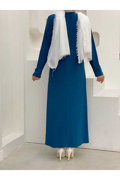 Bym Fashion Plus Size ίσια λαιμόκοψη μακρυμάνικο εσωτερικό αμμώδες φόρεμα 3202-1 Indigo