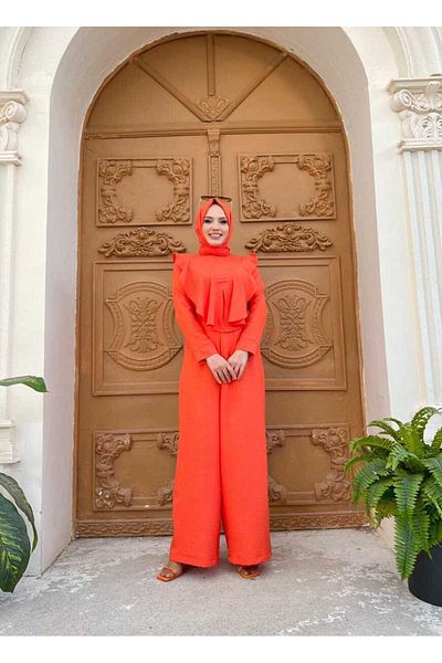 Bym Fashion Schulterteil-Rüschenumhang, detaillierter Overall mit Reißverschluss hinten 3780 Orange