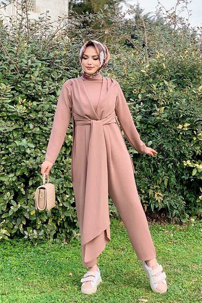 Bym Fashion Λεπτομέρεια με δέσιμο μέσης Λεπτομέρεια μισού λαιμού Tulım 3672 Tan
