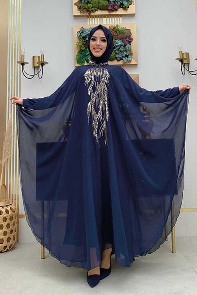 Bym Fashion Βραδινό φόρεμα με παγιέτα σιφόν με καπέλο 3774 Navy Blue