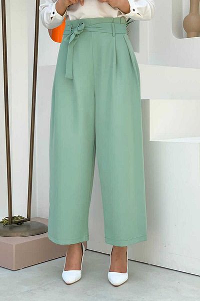 Bym Fashion Plus Size Zippered Waist Lace-up Trousers 0174-1 Mint