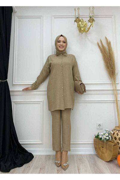 Bym Fashion Σετ τούνικ και παντελόνι με κεντητό κουμπιά ώμου 8430 Mink