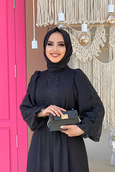 Bym Fashion Lace Embroidery Detail Sleeve Cuffs Elastic Chiffon Jumpsuit 3730 Black