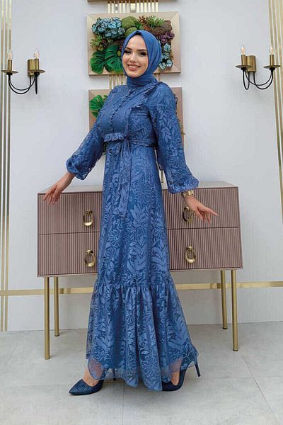Bym Fashion 3847 Δαντελένιο κέντημα μπροστά με κουμπιά βολάν φόρεμα Indigo