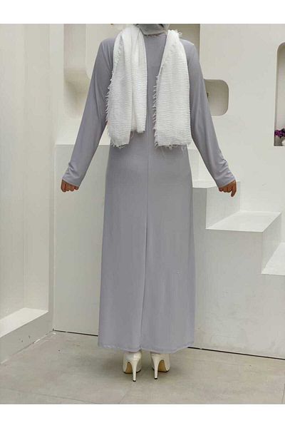 Bym Fashion Απλό φόρεμα με μακρυμάνικη λαιμόκοψη 3202 γκρι