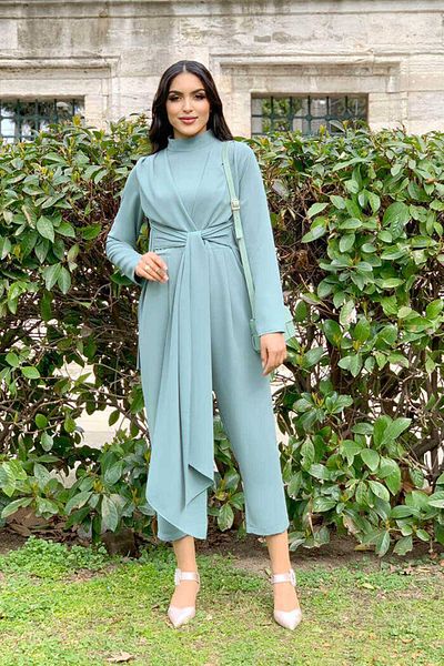 Bym Fashion Half Throat Detail Jumpsuit with Waist Tie Detail 3672 Mint