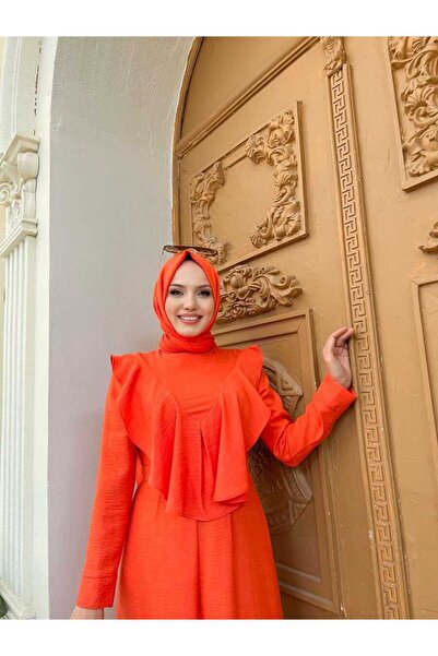 Bym Fashion Shoulder Part Ruffle Cloak Detailed Back Zip Jumpsuit 3780 Orange