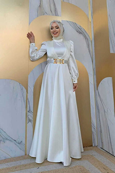 Bym Fashion Náprsní přehyb Detail stuhy Pásek Příslušenství Večerní šaty 3792 Ecru