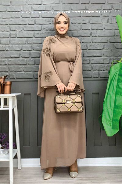 Bym Fashion Βραδινό φόρεμα Yarasakol μονό μανίκι με επένδυση από σιφόν 3539 Mink