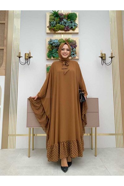 Bym Fashion Σετ φόρεμα με κάπα σιφόν με λεπτομέρεια με στίγματα 3643 Tan