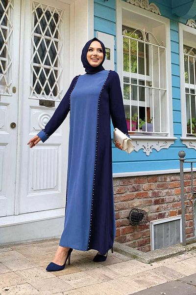 Bym Fashion Φόρεμα δίχρωμο με στάμπα πέτρας 3848 Navy Blue