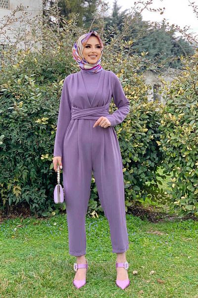Bym Fashion بذلة بتفاصيل ربطة الخصر ونصف الحلق 3672 أرجواني