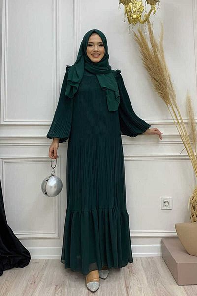 Bym Fashion Chiffonkleid mit plissiertem Rüschen-Look und Taillengürtel 3628 Smaragd
