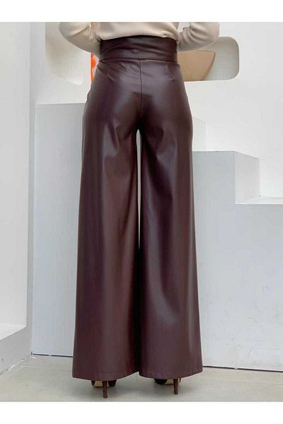 Bym Fashion Zippered Button Detailed Leather Pocket Trousers 0253 Claret Red