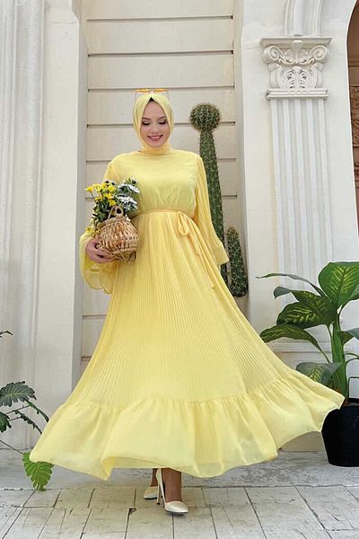 Bym Fashion Pleated Ruffle Look Lined Chiffon Dress 3404 Yellow