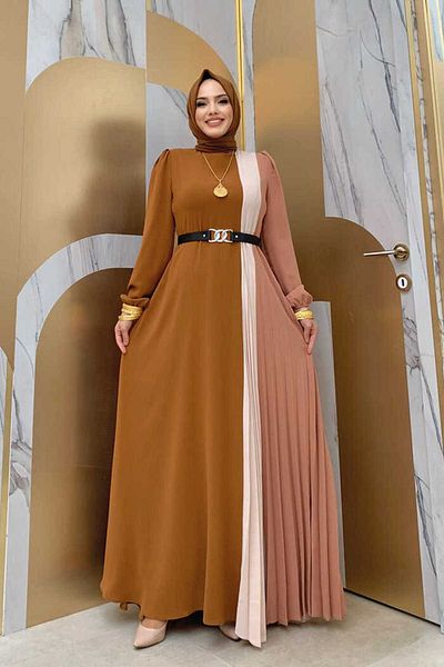 Bym Fashion Τρίχρωμη ζώνη μέσης πιέτες λεπτομέρειας φόρεμα 3622 Tan