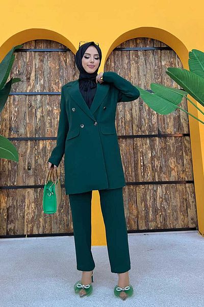 Bym Fashion Σετ κοντό σακάκι παντελόνι με κουμπιά 8352 Emerald