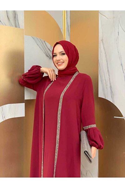 Bym Fashion Stone Detailed Abaya Zero Sleeve Dress Set 3657 Claret Red