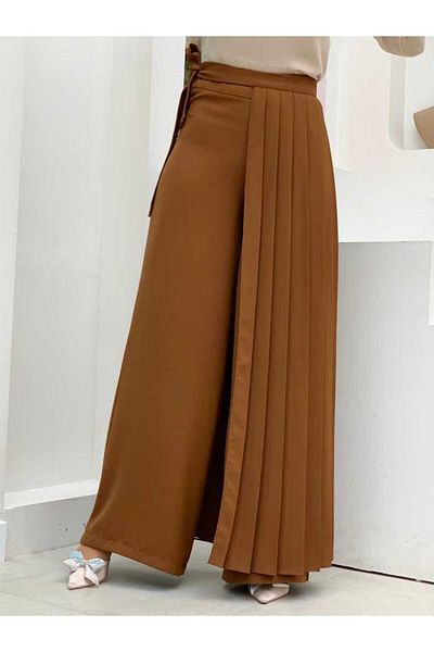 Bym Fashion Pleated Separate Tied Piece Detailed Trouser Skirt 0274 Tan