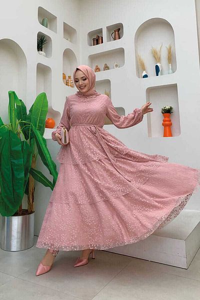 Bym Fashion Δαντέλα με λεπτομέρειες μανσέτες με ελαστικό φόρεμα με ζώνη 3614 σε σκόνη