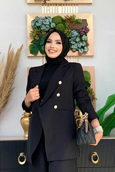 Bym Fashion Button Detail Blazer Jacket Loose Pants Set 8302 Black