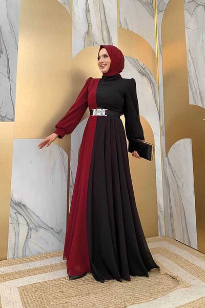 Bym Fashion Two Color Chiffon Waist Belt Accessory Evening Dress 3806 Claret Red