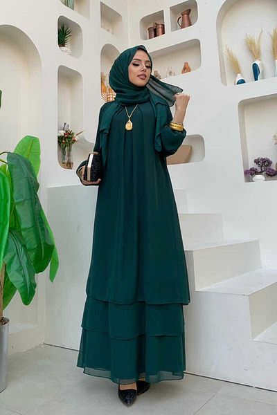 Bym Fashion Lagenlook-Ärmelmanschetten-Kleid aus elastischem Chiffon 3060 Smaragd