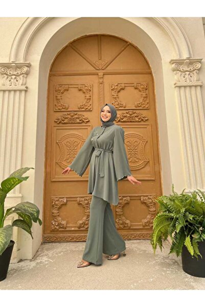 Bym Fashion Stone Embroidery Detailed Belted Tunic and Trousers Suit 8432 Mint