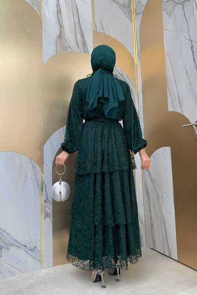 Bym Fashion Δαντελένιο πάτωμα Λεπτομέρεια μανίκια μανίκια ελαστικό φόρεμα με επένδυση 3614 Emerald