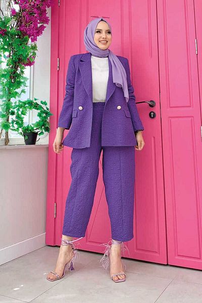 Bym Fashion Embossed Patterned Ceker Trousers Set 8457 Purple